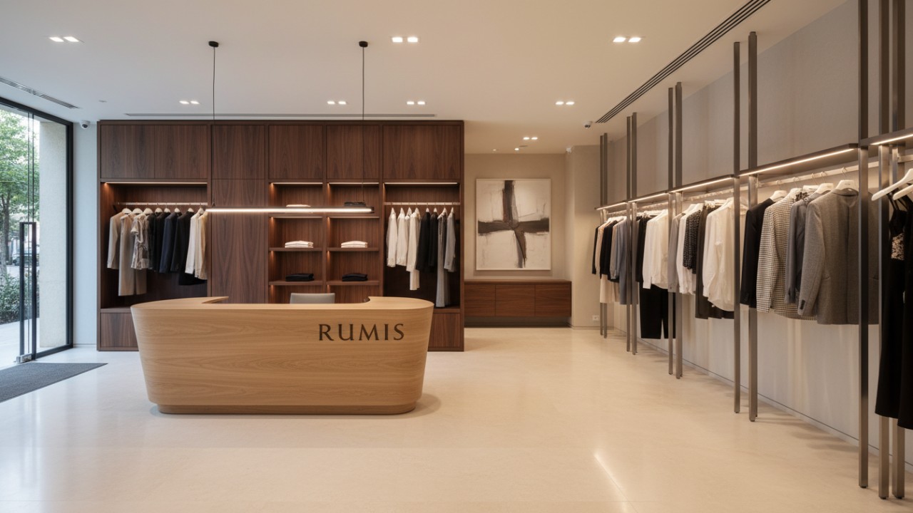 A wide view of a professionally designed clothing store interior showing a balanced mix of wood and metal fixtures with the RUMIS brand name on the counter.