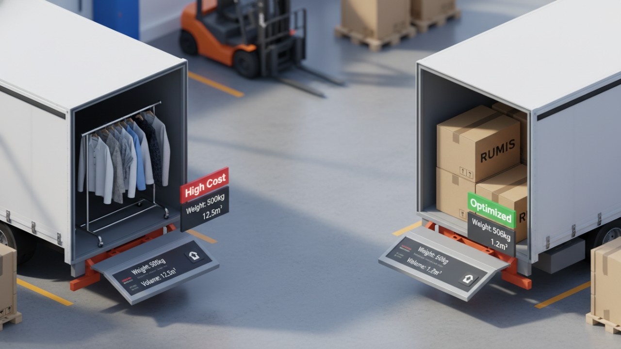 An isometric illustration comparing the shipping volume of a bulky assembled fixture versus a compact flat-packed RUMIS box on a warehouse dock.