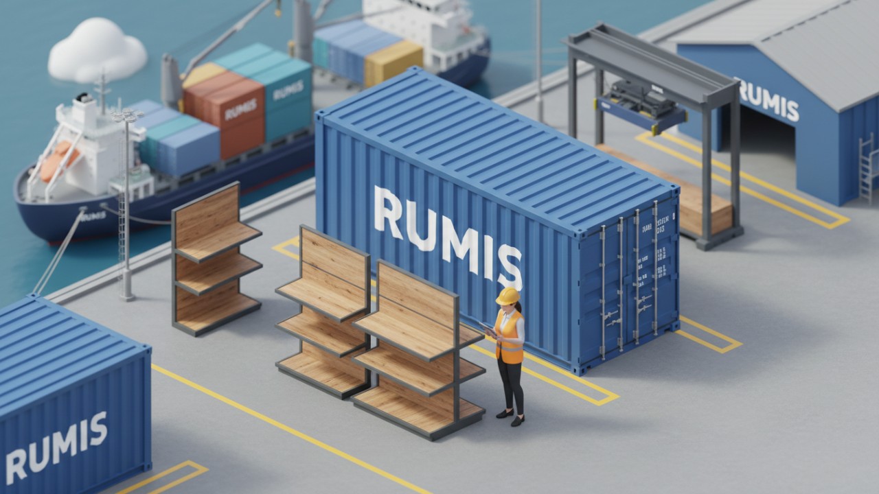 An isometric illustration of a retail display rack being inspected at a shipping port next to a RUMIS branded shipping container.
