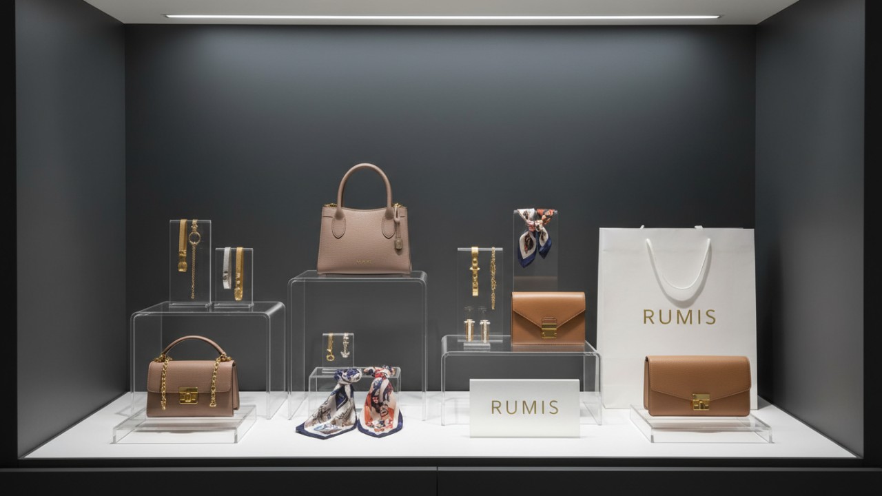 Expertly organized high-end visual merchandising display with acrylic stands and a RUMIS branded shopping bag.