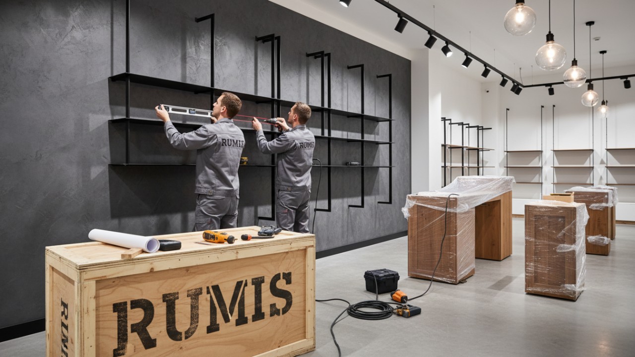 Professional installers mounting high-end retail shelving in a modern store with a RUMIS branded crate in the foreground.