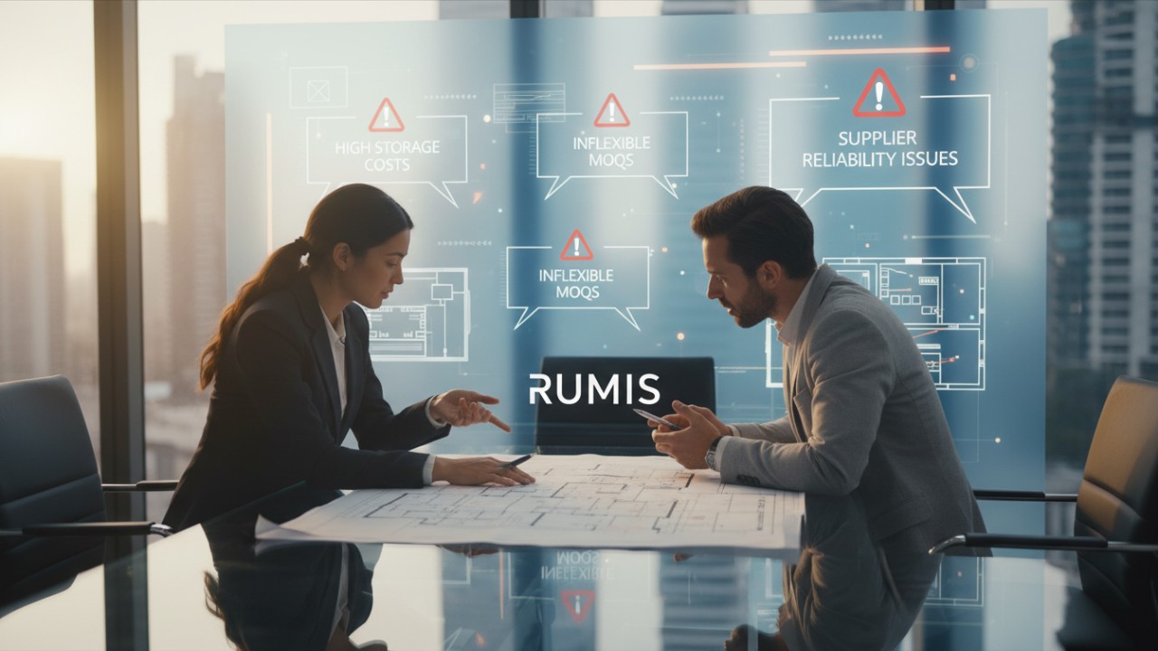 Professionals in a boardroom negotiating bulk fixture orders with the RUMIS logo etched on a glass table.