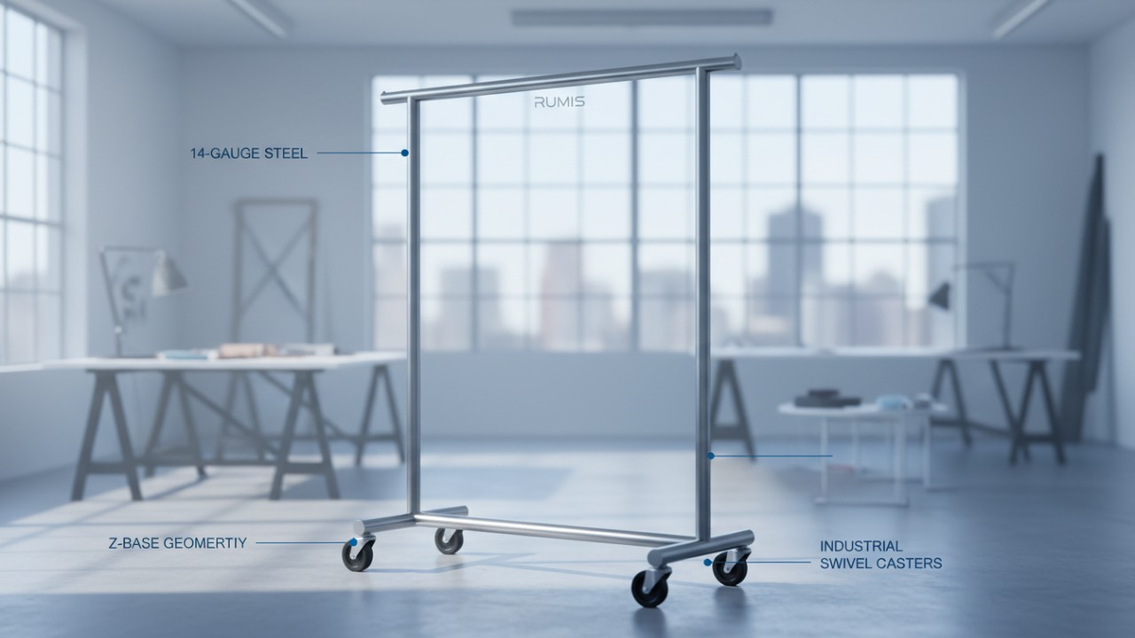 Technical illustration of a RUMIS commercial clothing rack highlighting material strength and engineering features.