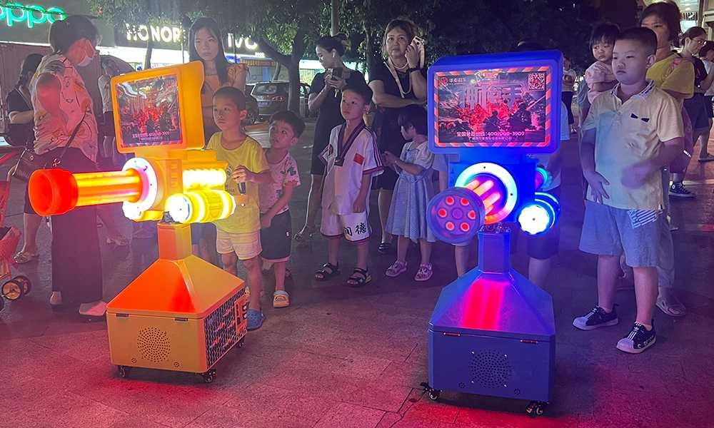 A group of children lines up eagerly to play the Sharpshooter arcade game - H.Q.Amusement