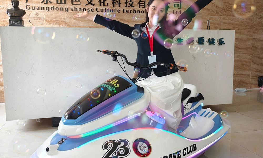 Cheerful adult on motorboat kiddie ride in bubble-filled scene - H.Q.Amusement