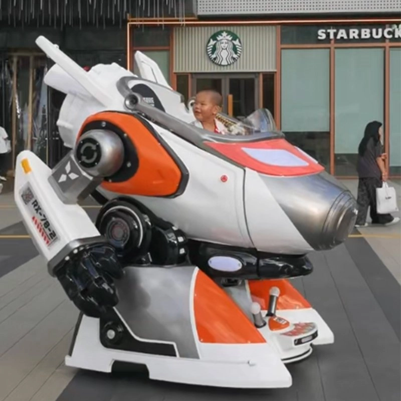 Child smiles while riding in a robot-shaped amusement ride in front of a Starbucks - H.Q.Amusement