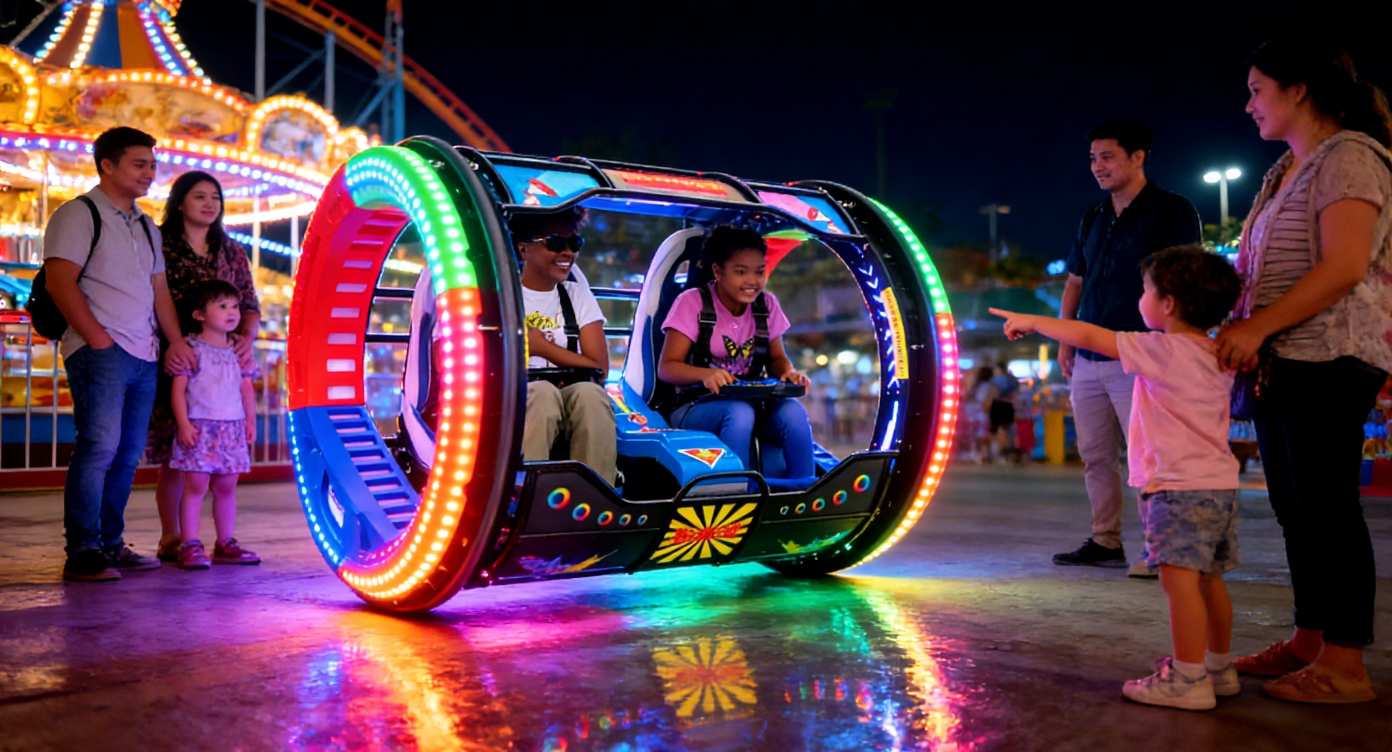 family at the amusement park rides the rolling car