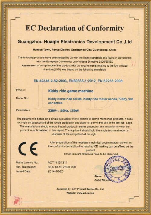 Kiddy Ride Game Machine-EC Declaration of Conformity with CE Mark - H.Q.Amusement