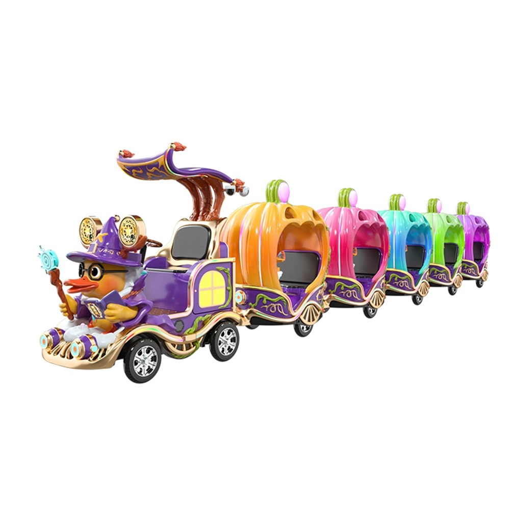 Magic Duck witch theme trackless train with purple and green pumpkin carriages and gaming screen - H.Q.Amusement