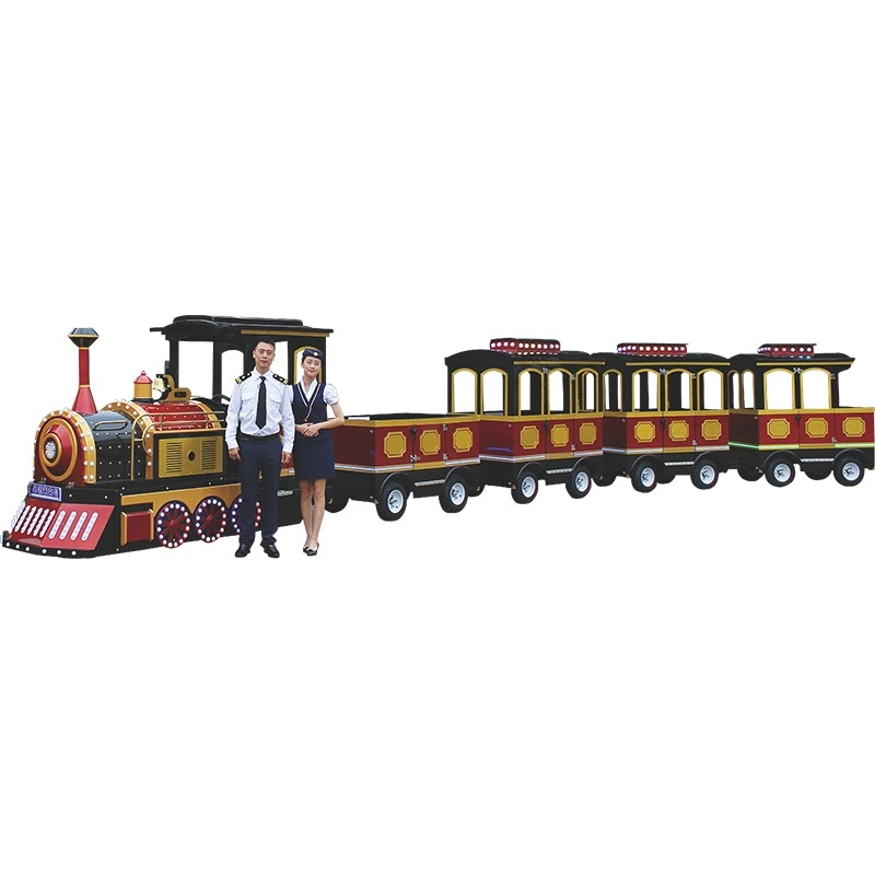 Red and black vintage train with uniformed attendants - H.Q.Amusement
