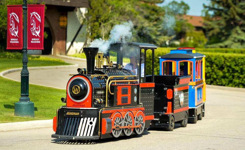 resort trackless train with steam stack