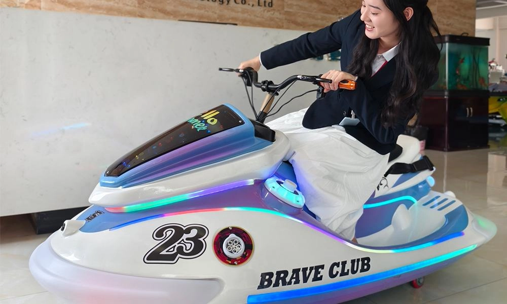 Smiling woman enjoying motorboat kiddie ride - H.Q.Amusement