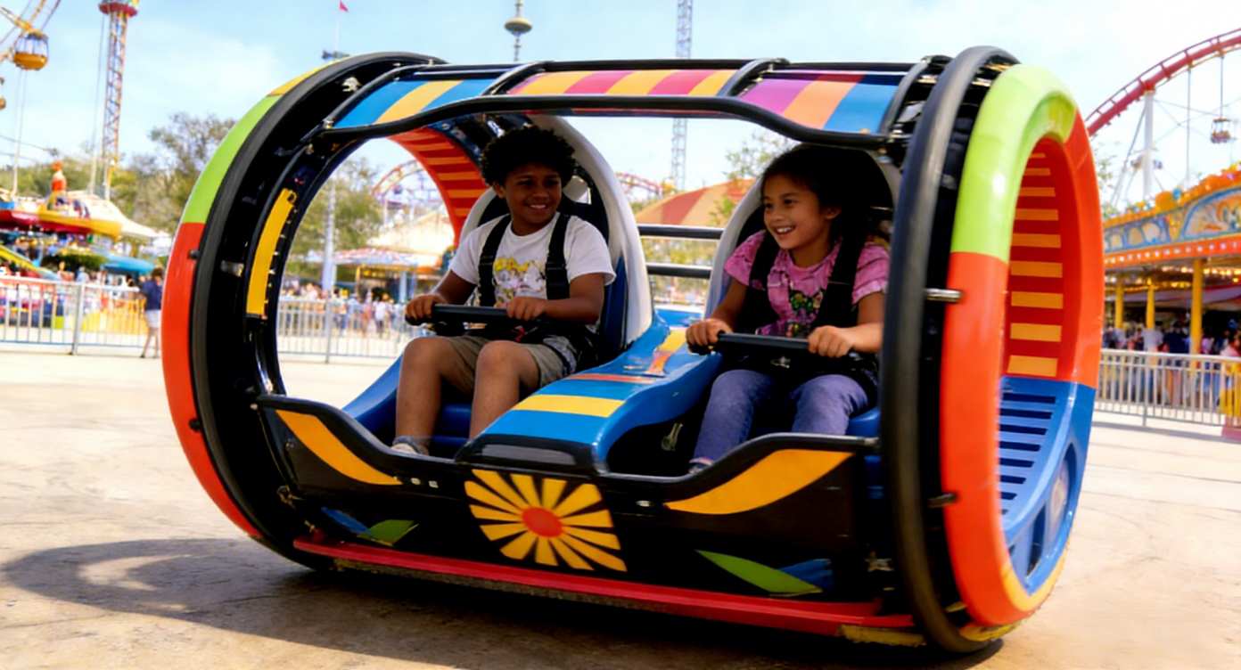two kids play 360 rolling car
