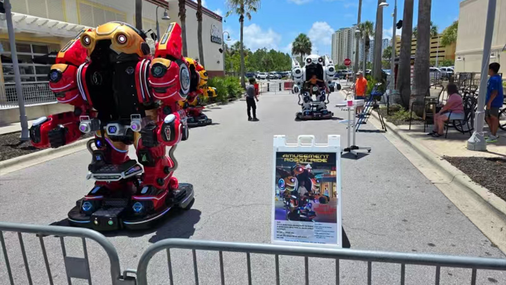 walking robot kiddie ride site in USA