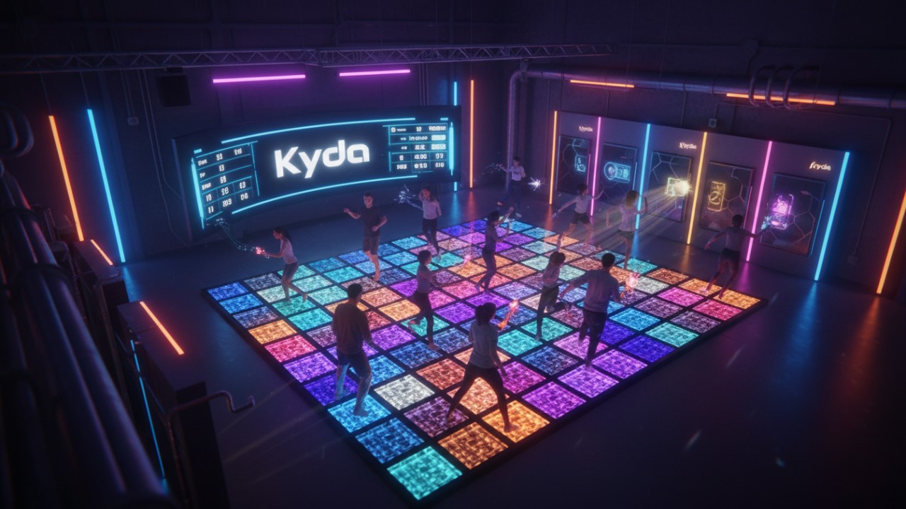 A 3D isometric illustration of people playing on interactive LED floor tiles in a high-tech gaming center with the Kyda brand name on a scoreboard.