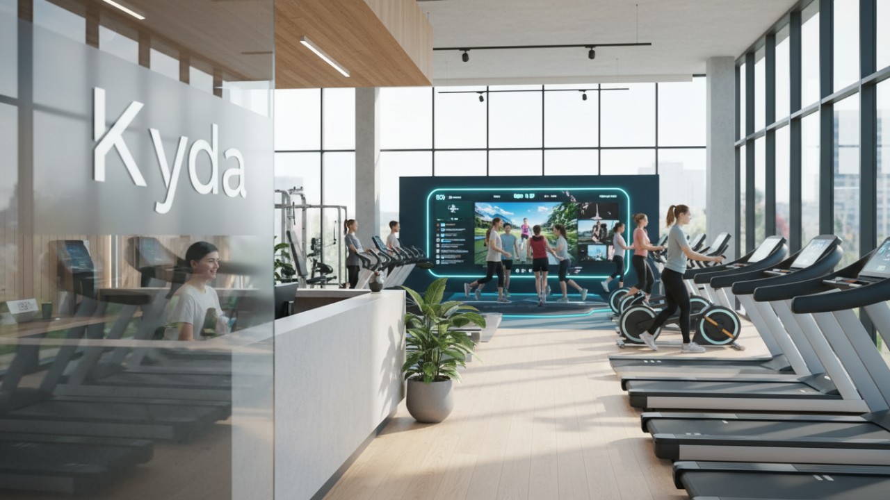 A bright and successful modern gym interior featuring Kyda branding on a glass partition with happy members using tech equipment in the background.