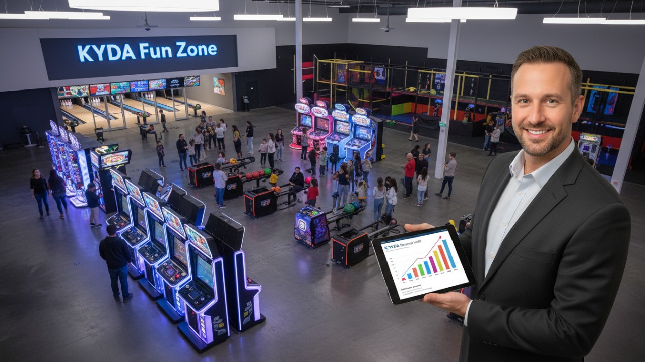A business manager reviewing ROI charts on a tablet featuring the Kyda brand name inside a successful entertainment center.