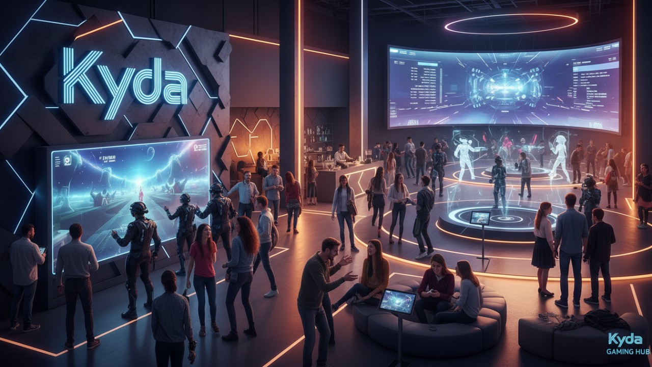 A busy and profitable active gaming hub with happy customers and a prominent Kyda entrance sign.