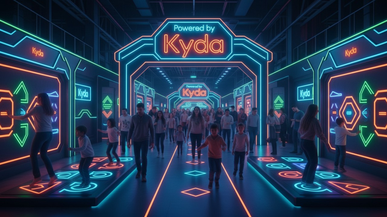 A busy and vibrant interactive game center with an illuminated sign that says Powered by Kyda.