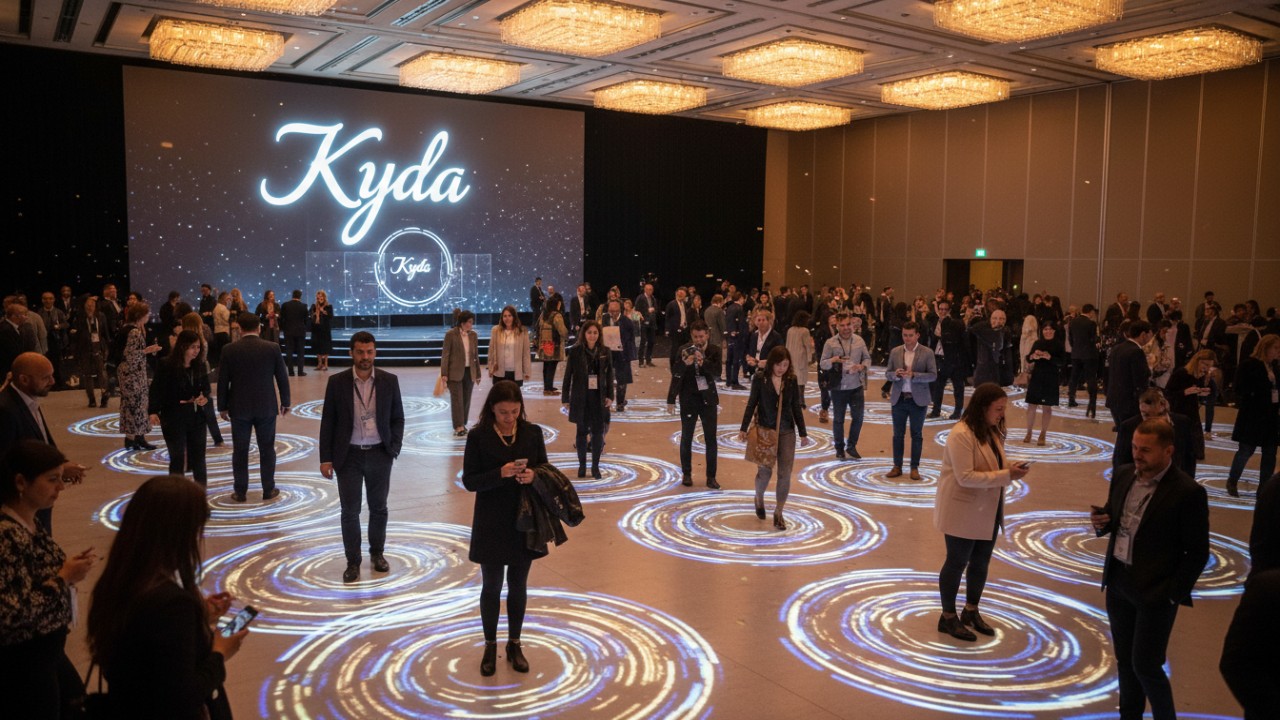 A busy brand activation event showing people enjoying a Kyda interactive floor installation.