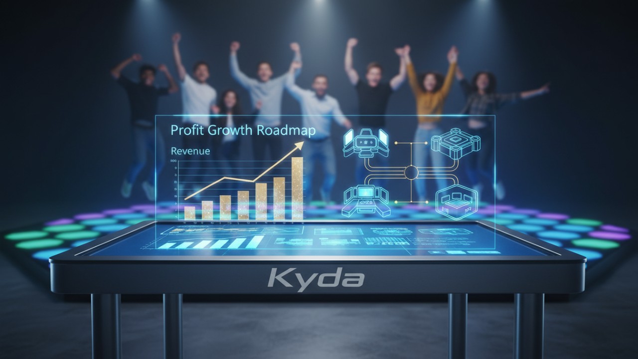 A digital roadmap for profit growth in an interactive game room with the Kyda brand name visible on a high-tech table.