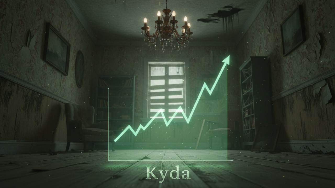 A distressed horror escape room interior featuring a glowing green profit graph and the Kyda brand name etched into the wooden floor.