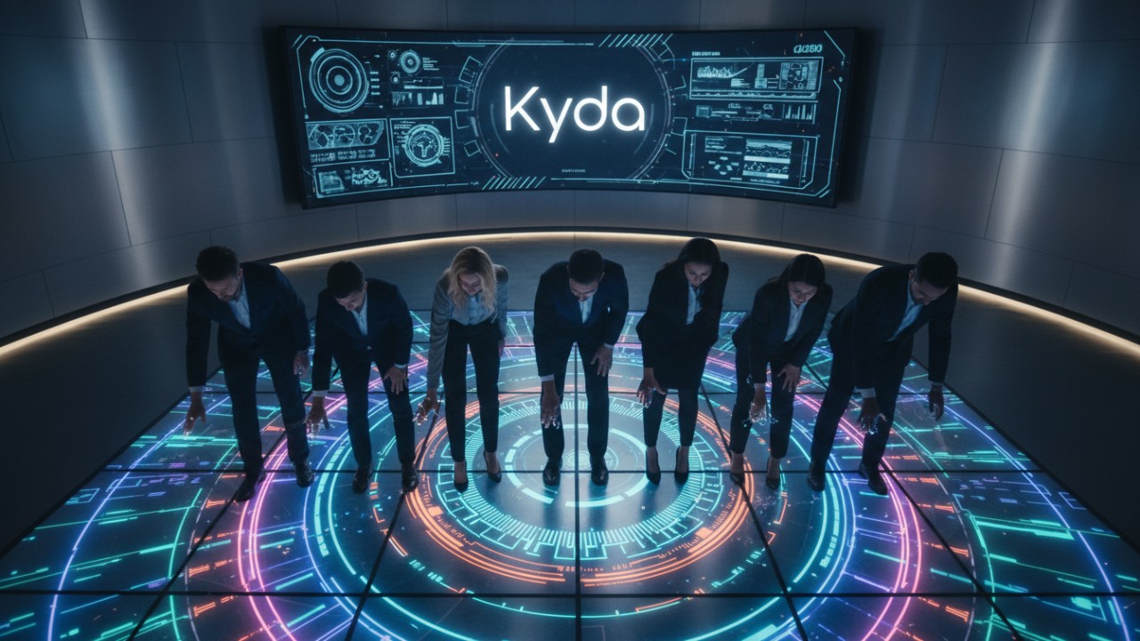 A diverse corporate team participating in a high-tech bonding activity on an interactive LED floor with Kyda branding on a background screen.