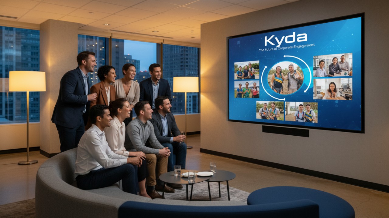 A diverse group of colleagues celebrating their success in a modern venue featuring a digital screen with the Kyda brand name.