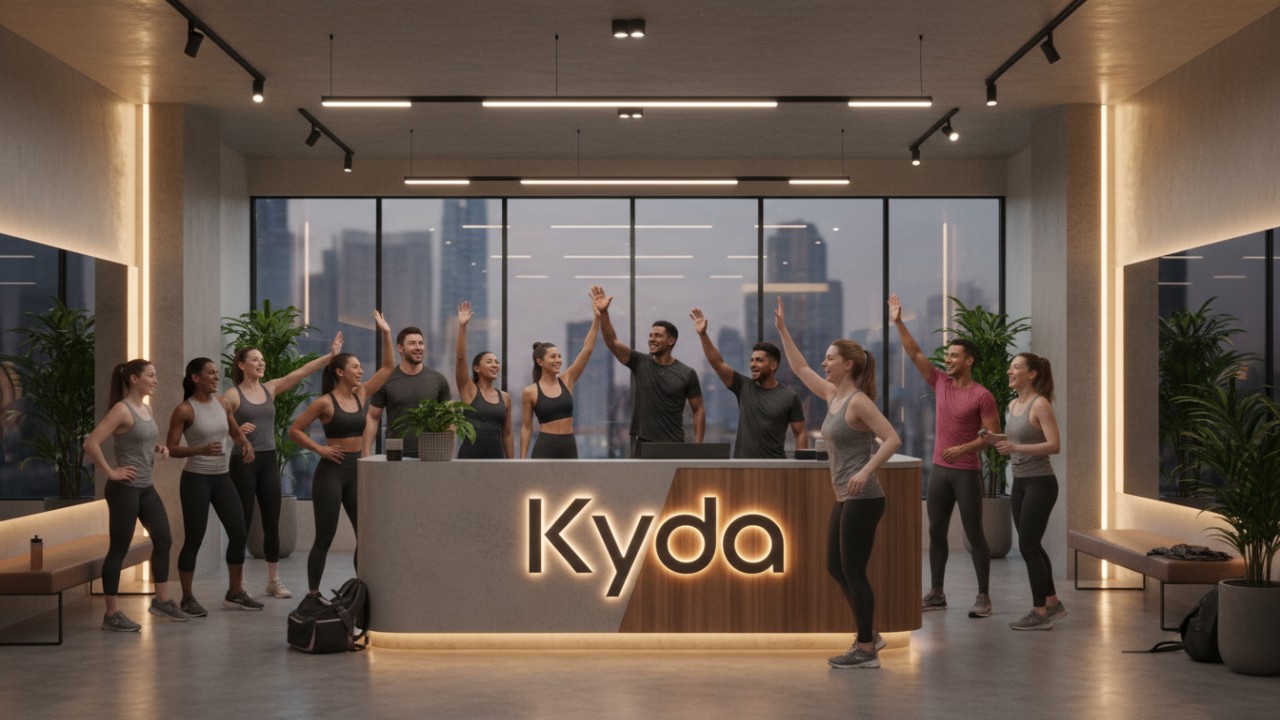 A diverse group of people celebrating a successful workout in a modern fitness center with a prominent Kyda brand display.