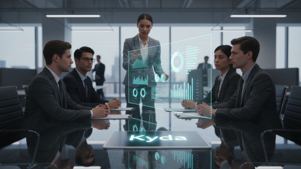 A focused team discussing strategies around a holographic interface with Kyda branding visible on a tablet.