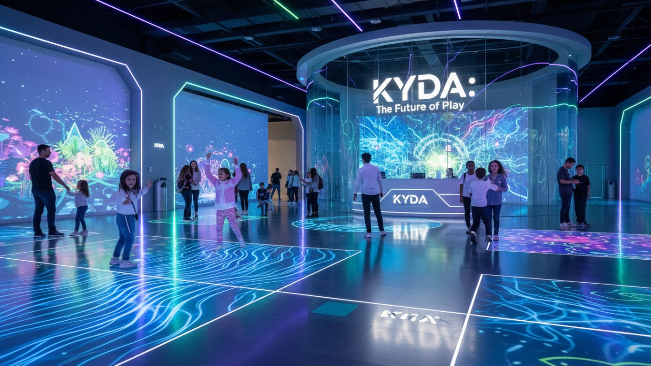 A futuristic 2026 entertainment center featuring multiple Kyda interactive projection installations and a glowing brand sign.