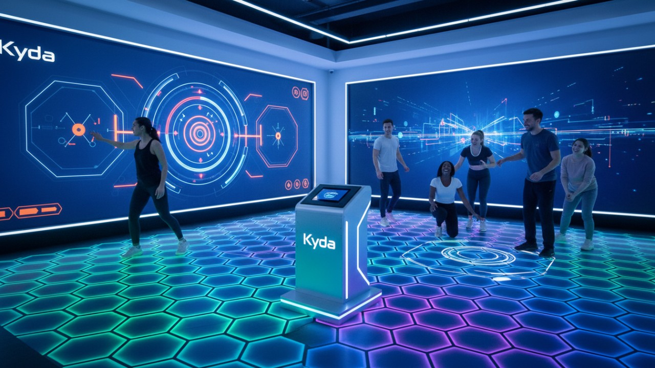 A futuristic commercial gaming room featuring Kyda interactive LED floors and walls with people playing.