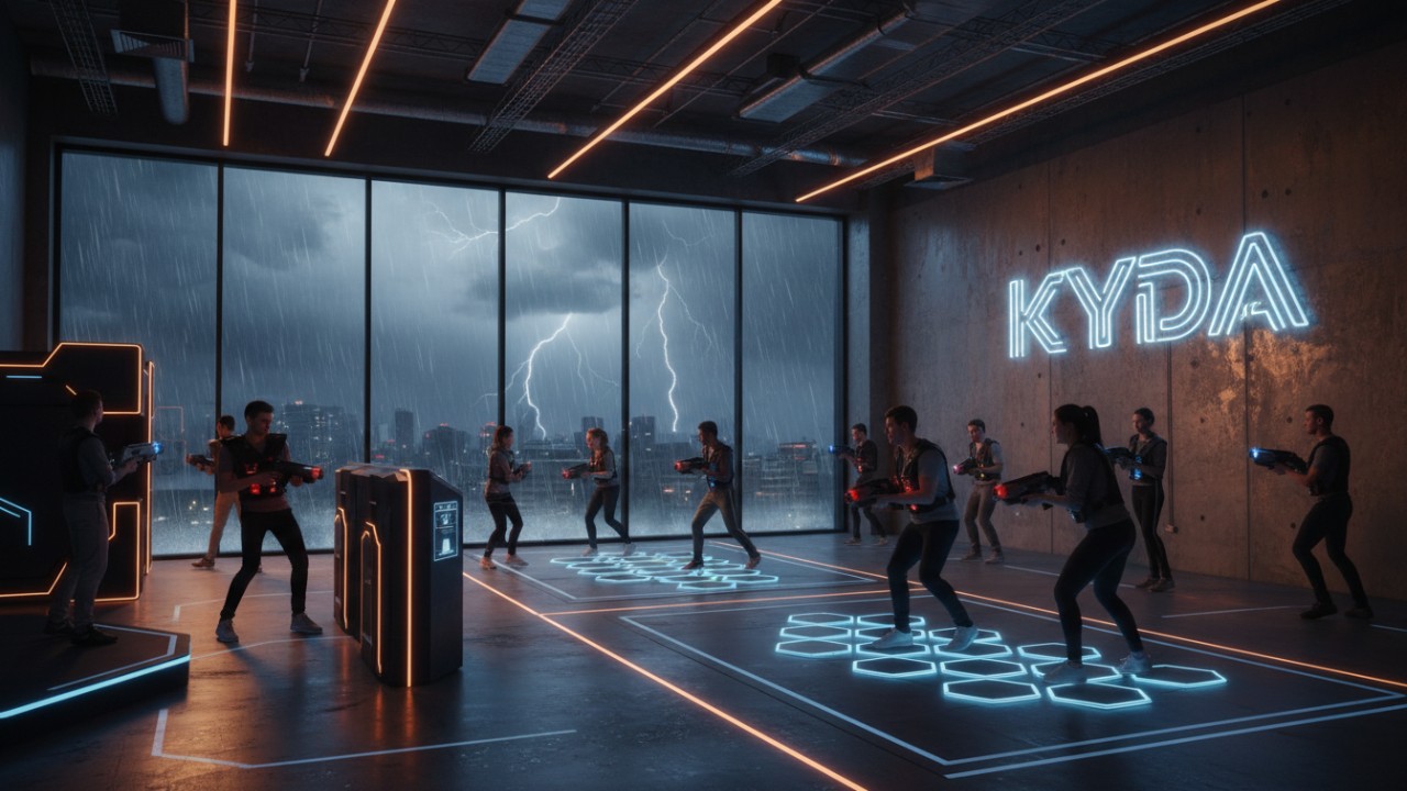 A futuristic indoor challenge venue protected from the rain outside with a glowing Kyda neon sign on the wall.