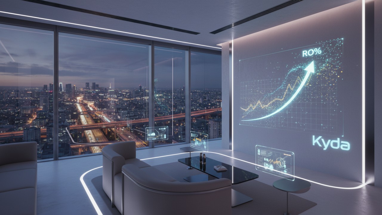 A futuristic office lobby in 2026 showing interactive 3D data projections and the Kyda brand logo on a digital interface.
