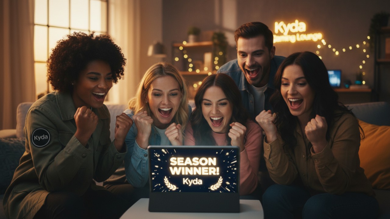 A group of diverse friends celebrating a game victory with the Kyda brand visible on a clothing patch.