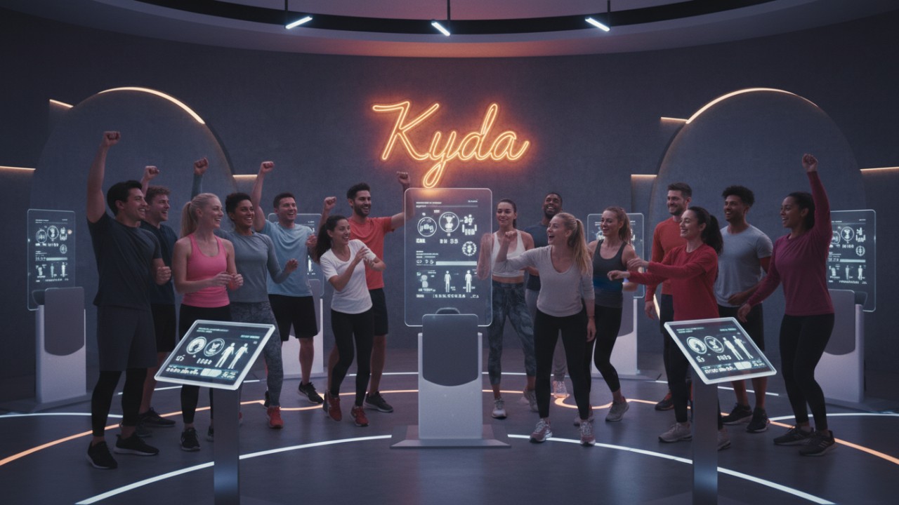 A group of diverse people celebrating in a modern fitness center with a glowing Kyda neon sign in the background.
