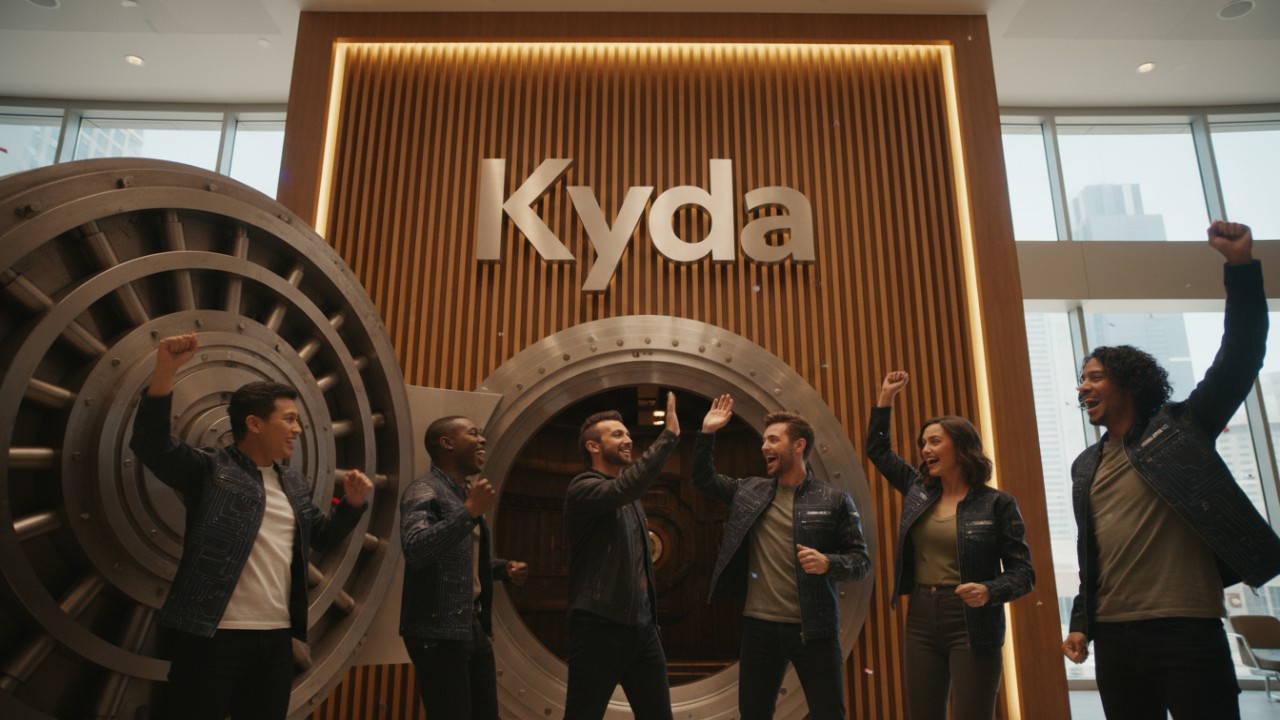 A group of friends celebrating their successful escape in a modern lounge area featuring a 3D Kyda brand logo on the wall