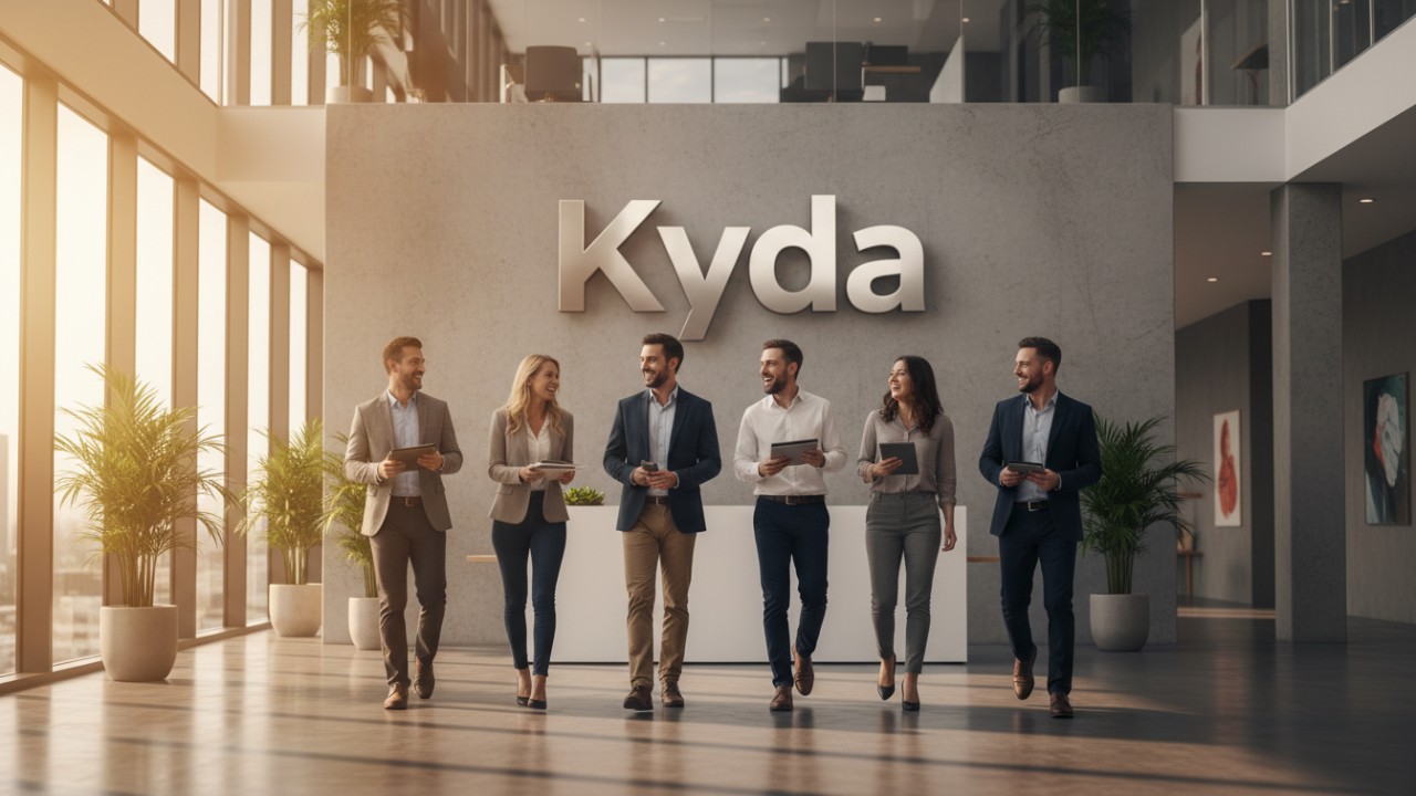 A group of happy colleagues walking through a modern office lobby featuring a prominent Kyda brand sign on the wall.