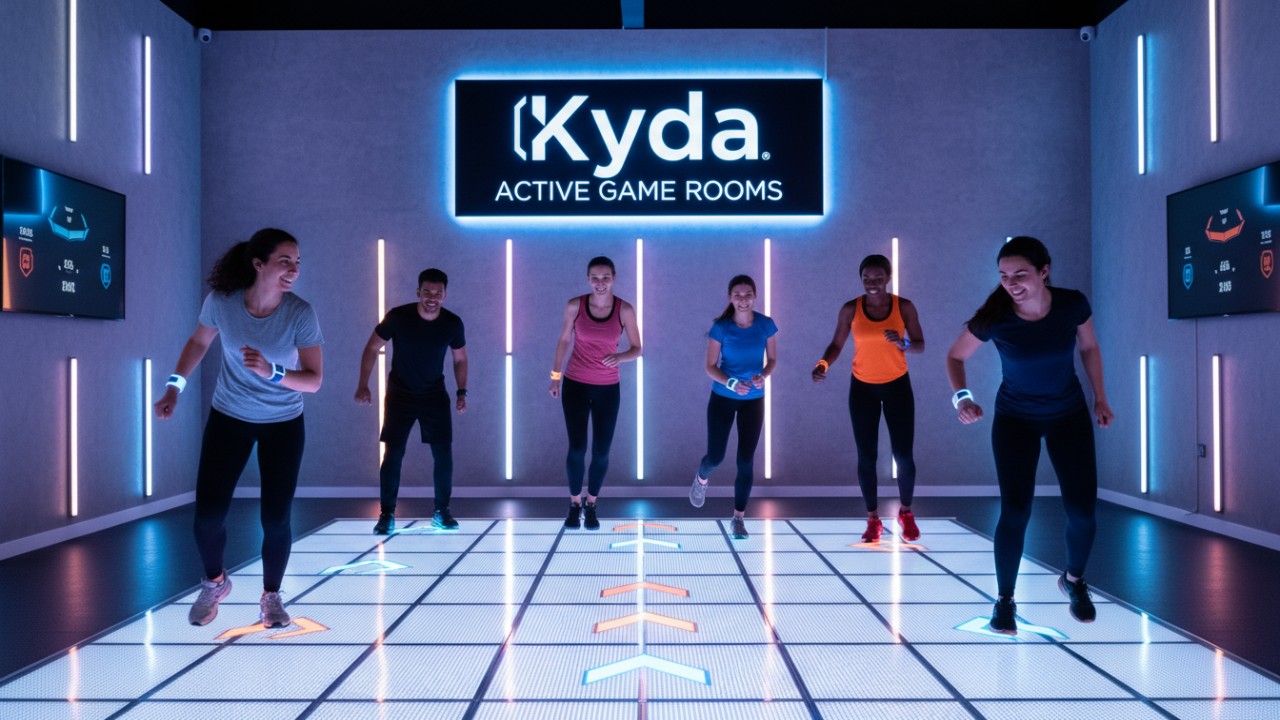A group of people playing a team fitness game in an interactive room with Kyda branding on the wall and glowing floor panels.