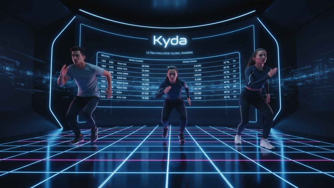 A group of people playing an interactive fitness game on a glowing LED grid floor with the Kyda brand name on a leaderboard.