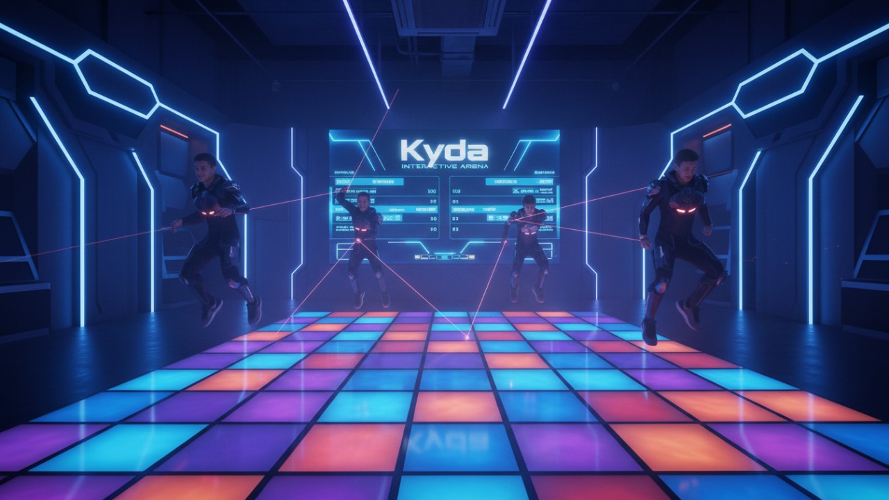 A group of players participating in a high-tech game with a glowing LED floor in a Kyda branded arena.