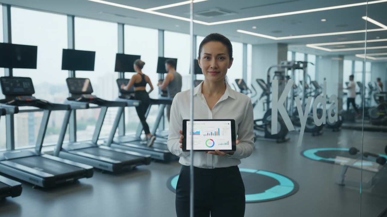 A gym manager holding a tablet with analytics in a high-tech facility featuring Kyda branding on a glass partition.