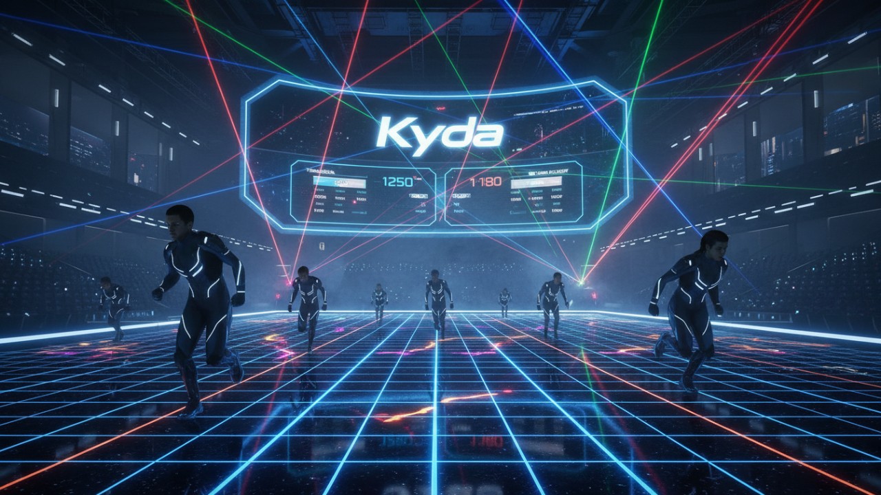 A high-energy futuristic gaming arena with neon LED floors and players dodging lasers with Kyda branded on the scoreboard.