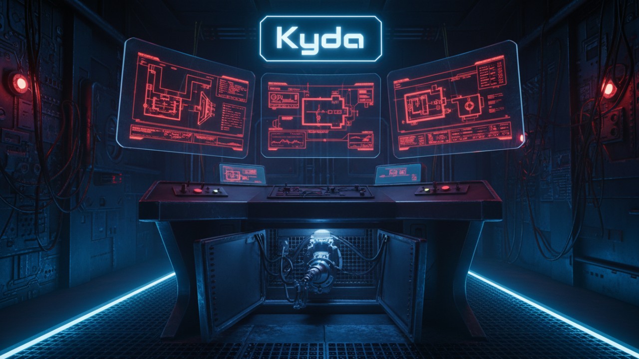 A high-tech automation control desk for a horror attraction showing digital sensors and the Kyda brand name on a backlit console.