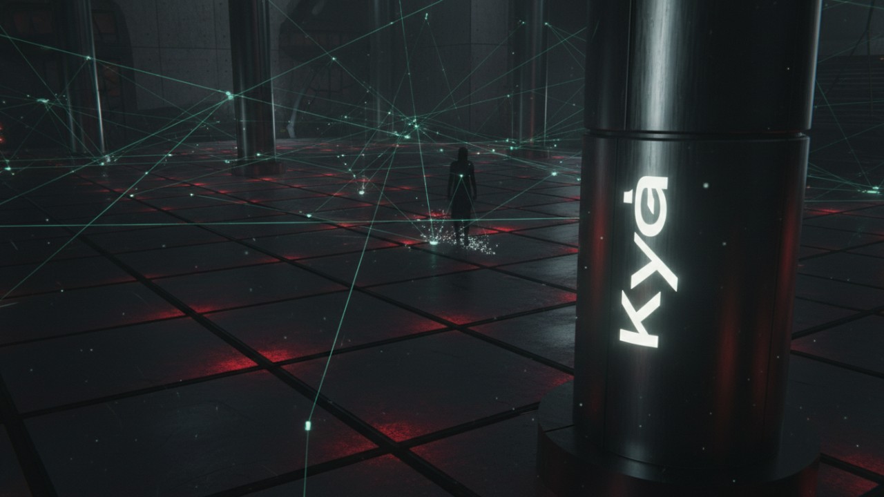 A high tech horror game room with glowing LED floor tiles and digital tracking sensors mapping a player's movement featuring the Kyda brand logo