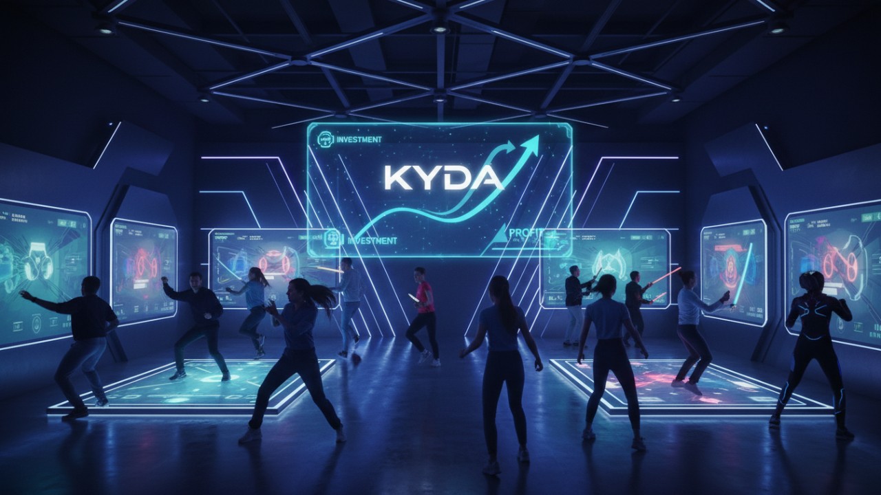 A modern active gaming center featuring groups of people playing interactive games and a Kyda logo on the wall.