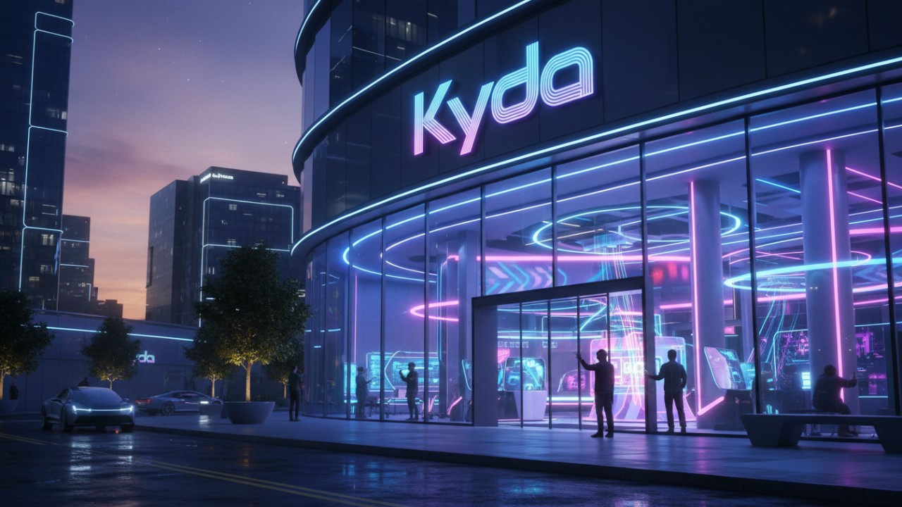 A modern futuristic building exterior for an interactive gaming center with a large glowing Kyda sign on the front