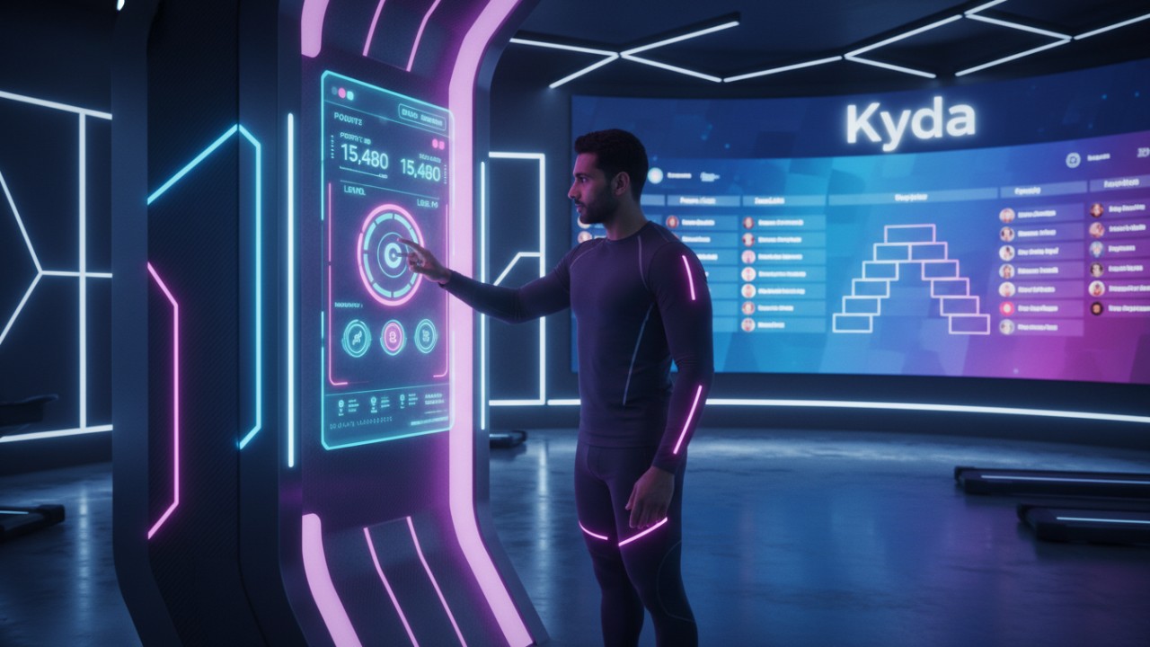 A modern gym member interacting with a glowing gamified fitness wall under cinematic lighting with the Kyda brand displayed on a digital leaderboard.