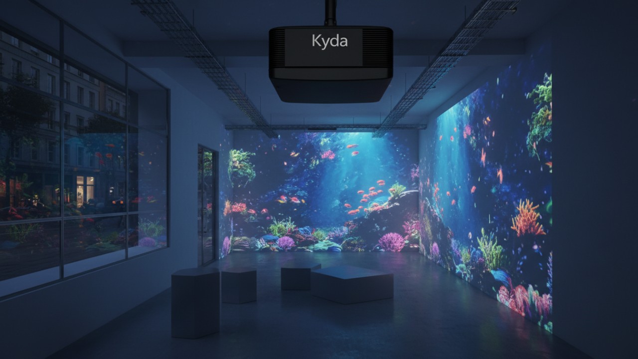 A modern retail space using ceiling-mounted projectors to display an immersive underwater scene on the walls and floor featuring the Kyda brand logo.