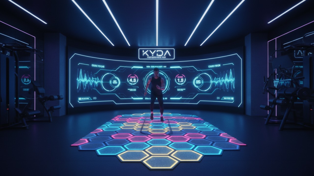 A person exercising on a glowing LED floor in a futuristic gym with the Kyda brand name on a digital scoreboard.